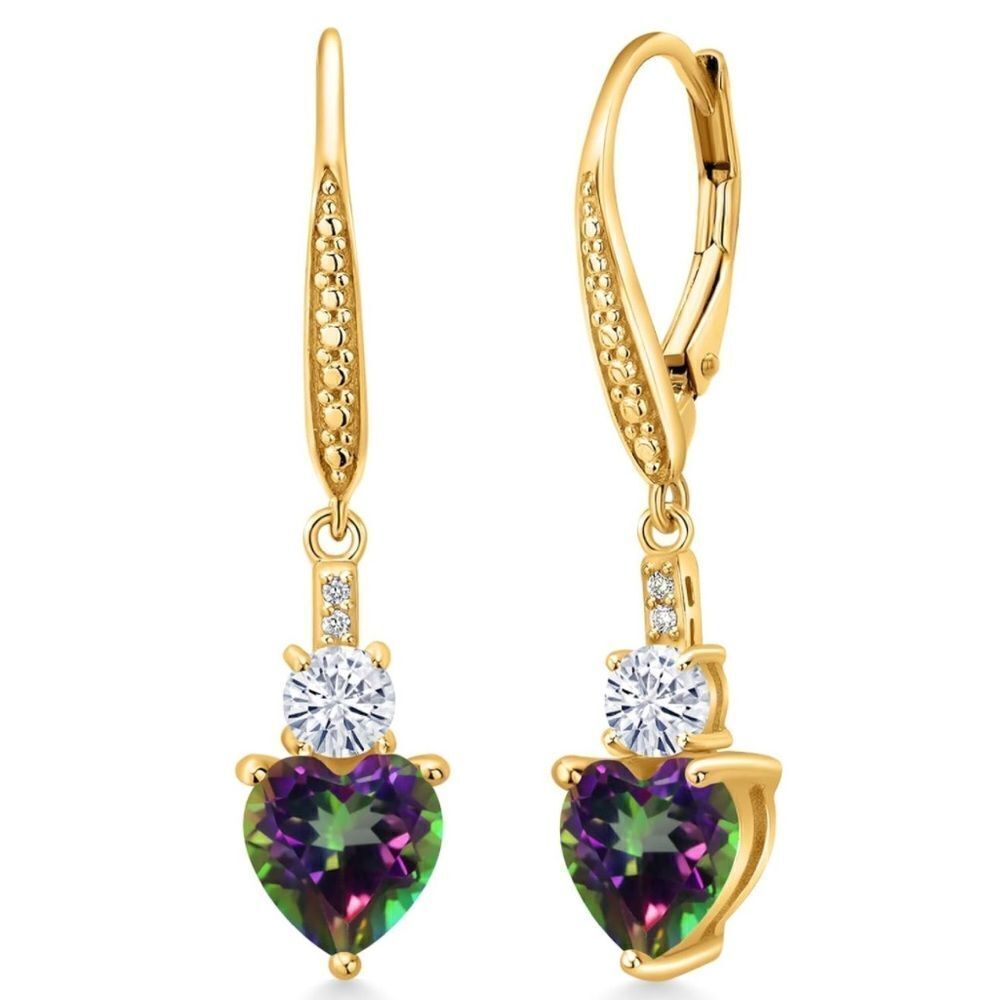 18K Yellow Gold with 3.49 Cttw Green Mystic Topaz and Moissanite Heart Earrings